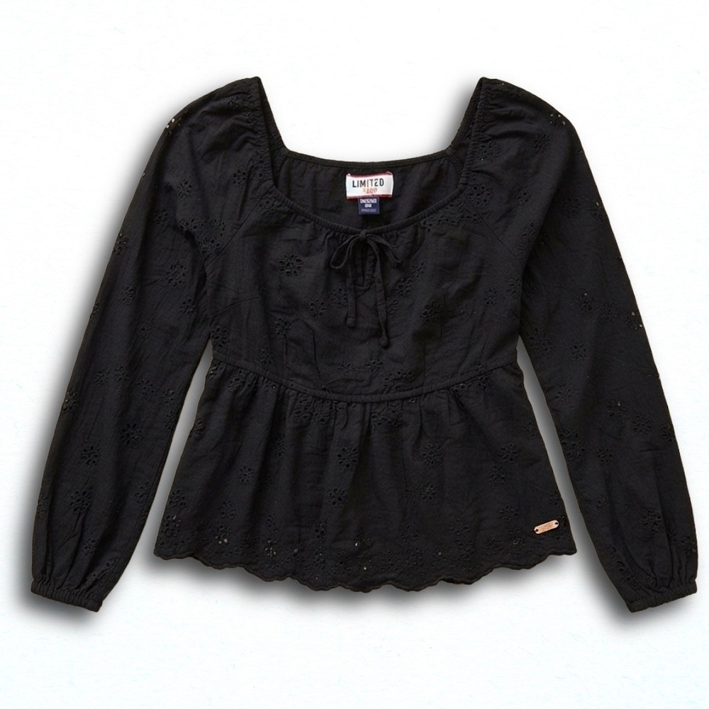 Limited Too Girls Black Eyelet Long Sleeve Peplum Top Square Neck Size Medium 10
